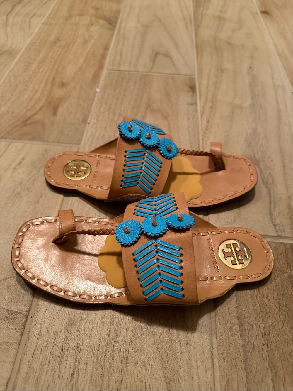 Tory Burch Tan Leather Slide Sandals with Bright Blue Embellishments